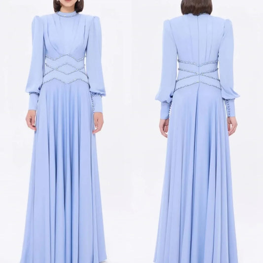 Customized Exquisite Classic Jersey Button Rhinestone A-line High Collar Long Dresses Bespoke Occasion Dresses Sizes Available