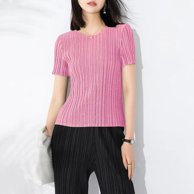 Miyake Pleated Short Sleeve Women's 2023 Summer New Thin Stretch Crew Neck All-Matching Slim Fit Pleated Hollow T-shirt Women