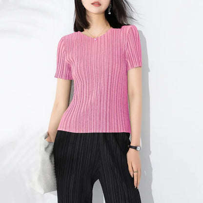 Miyake Pleated Short Sleeve Women's 2023 Summer New Thin Stretch Crew Neck All-Matching Slim Fit Pleated Hollow T-shirt Women