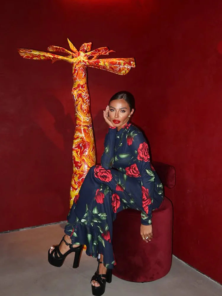 Fashion Women's Maxi Dresses Print Sexy Turtleneck Regular Long Sleeves Fishtail Autumn Sheath Bodycon Trend Vestidos