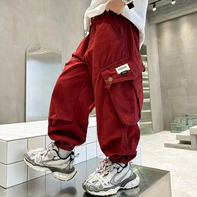 High Quality Boys Sweatpants Autumn Kids Casual Pants for Boy Korean Children's Clothes 2025 Spring Loose Cotton Red Trousers