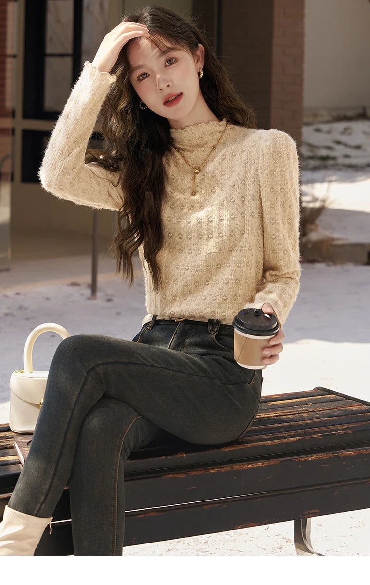 Lace Bottoming Shirt Women Autumn Winter Mock Neck Long Sleeve Knitted Pullover French Warm Inner Top Female MXC58Z0481