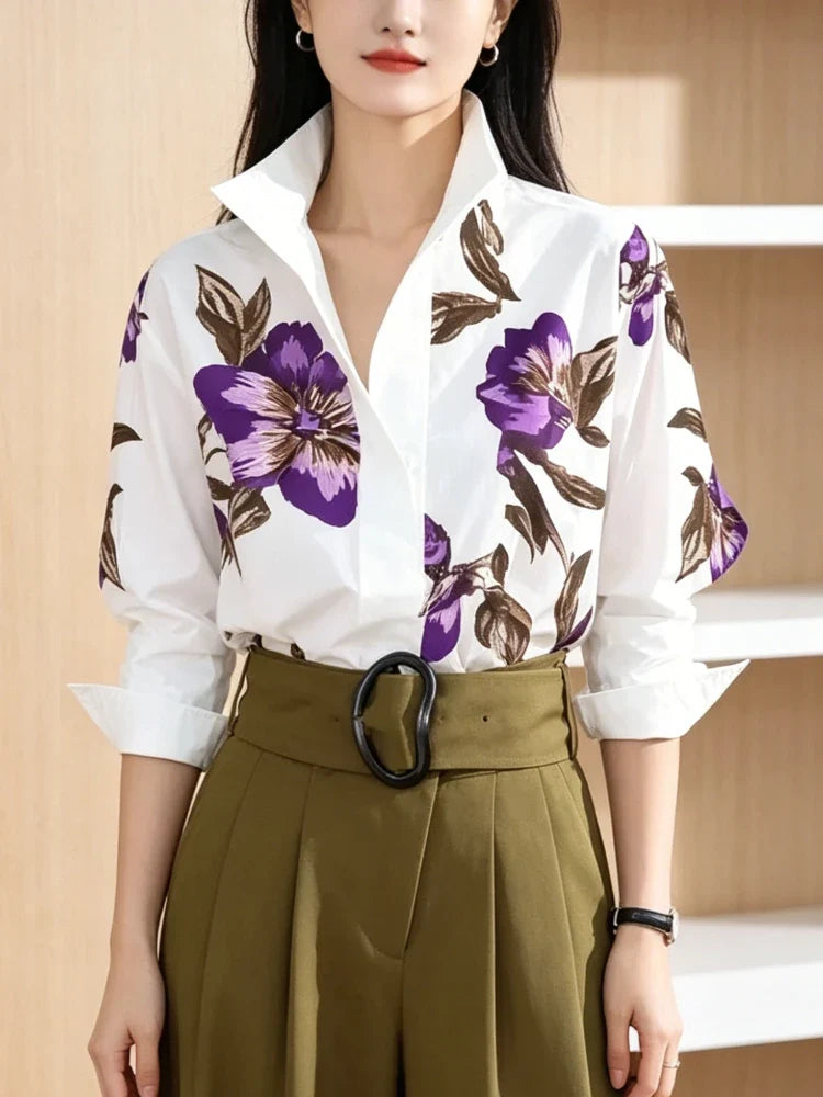 Modigirl 2025 Summer Spring Casual White Shirts for Women Long Sleeves Urban Elegant Stand Collar Woman Flower Print Blouse Tops