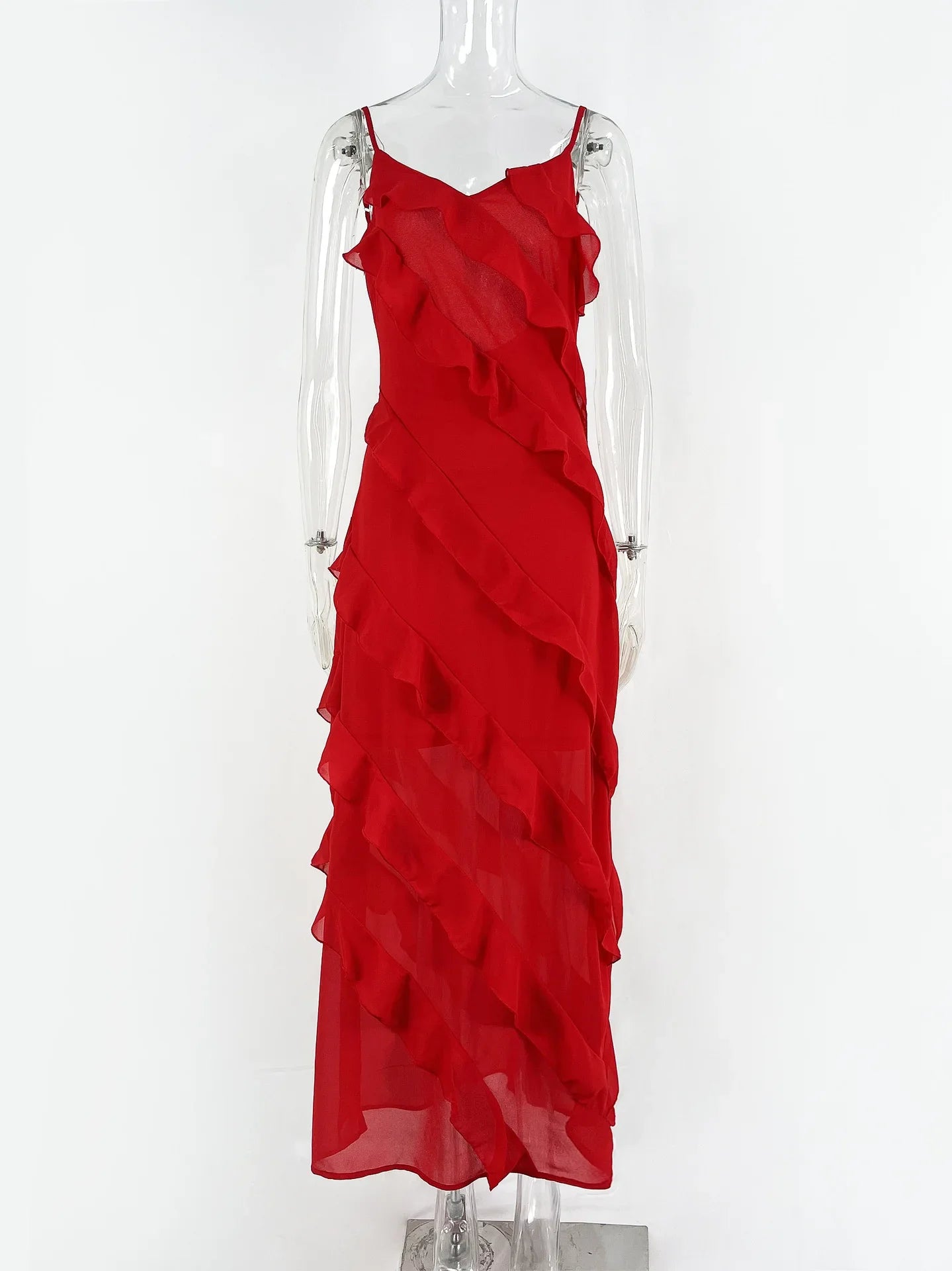 2024 Summer Fashion New Elegant Women's Sexy Chiffon Vacation Style Sling Dress with Ruffle Edge Style Long Dress