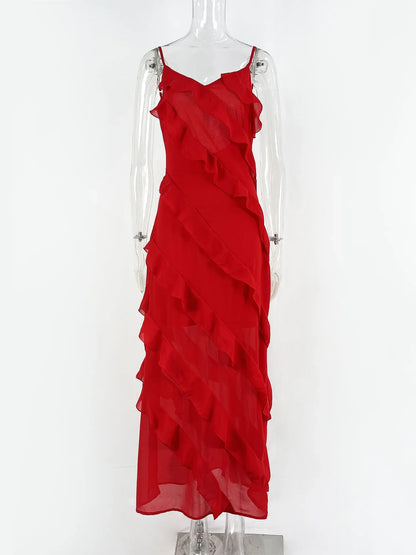 2024 Summer Fashion New Elegant Women's Sexy Chiffon Vacation Style Sling Dress with Ruffle Edge Style Long Dress