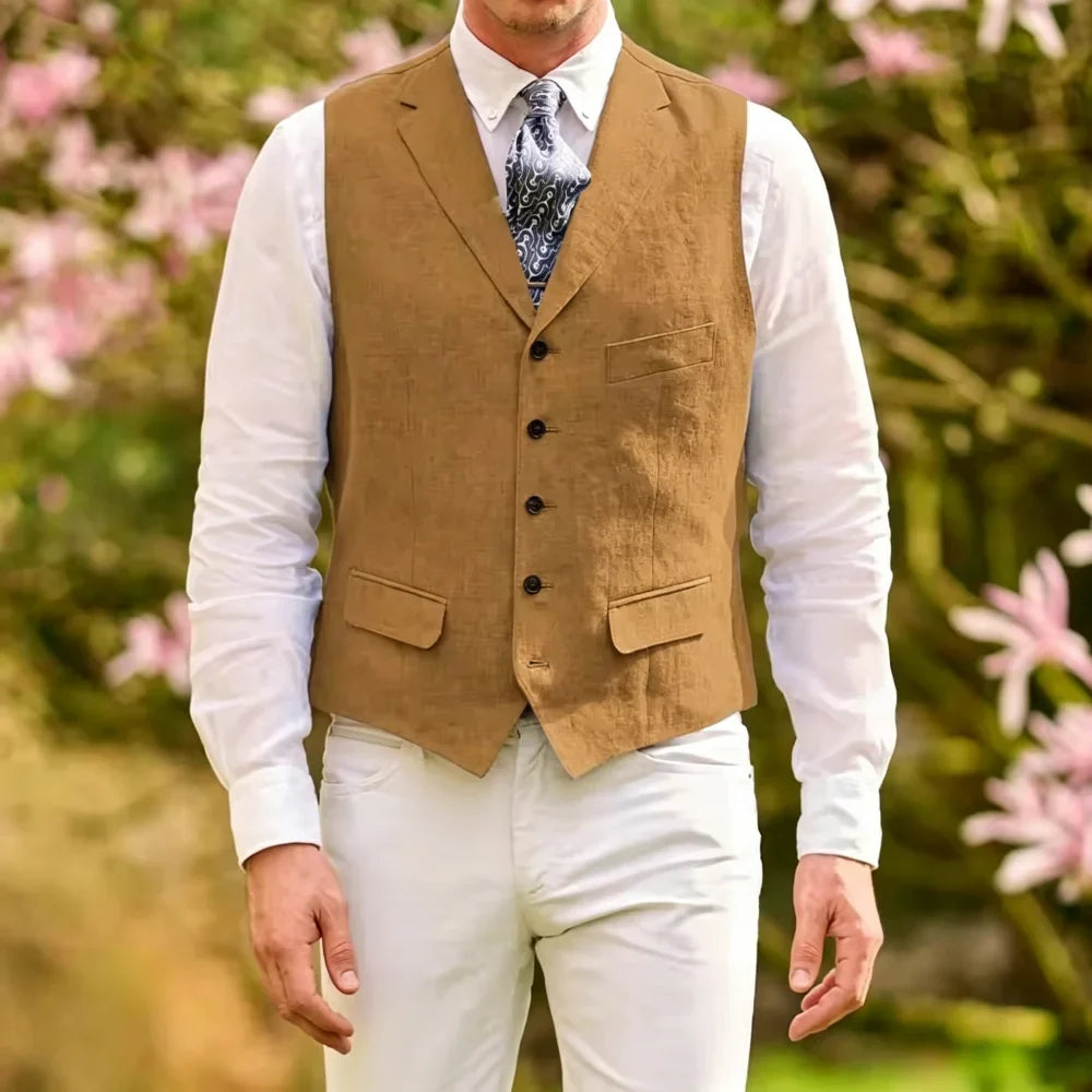 Men's Linen Suit Vest Lapel Sleeveless Summer Linen Waistcoat Single Breasted  For Beach Wedding Holiday Mens Gilet
