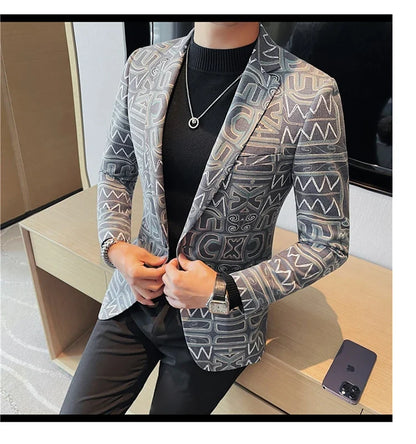 High Quality Men's Printed Suit Jacket for Men Autumnn Fashion Slim Fit Casual Business Blazers Wedding Social Dress Coats 4XL-M