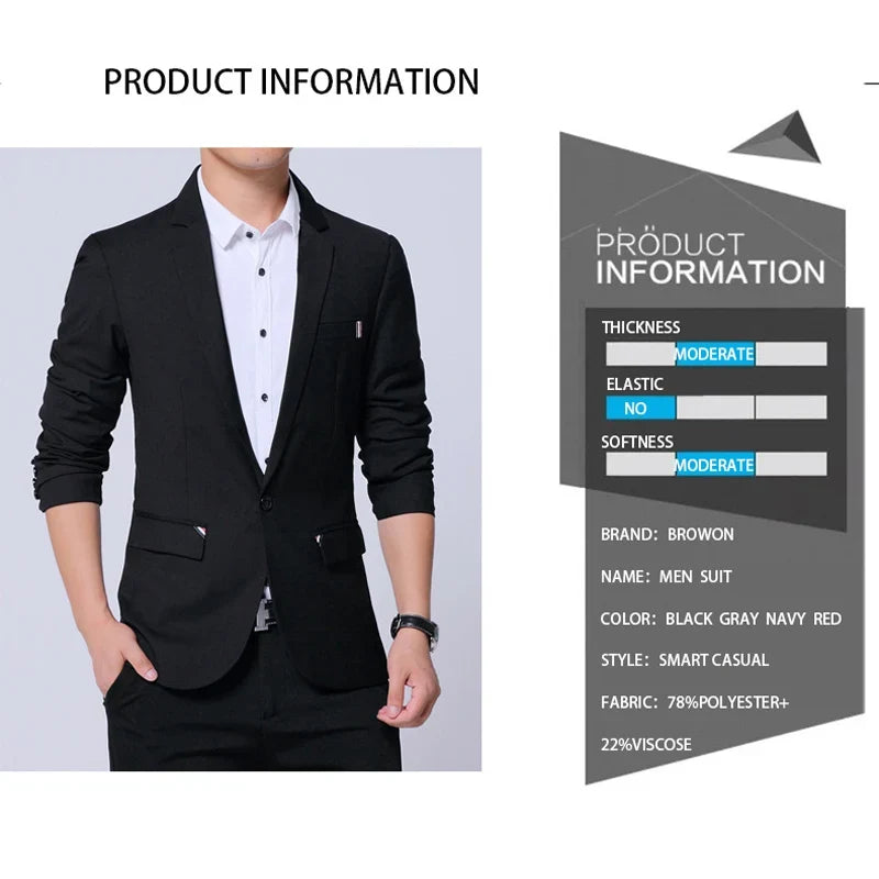 2026 New Spring Autumn Men Suit Jacket Mens Korean Slim Fit Solid Color Smart Casual Work Clothing Men's Suits Blazers