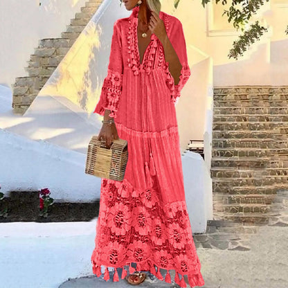 Ladies Bohemian V-Neck Tassel Large Size Casual Dress Women Lace Solid Fashion Dress Elegant Robe Boho Holiday Long Dress