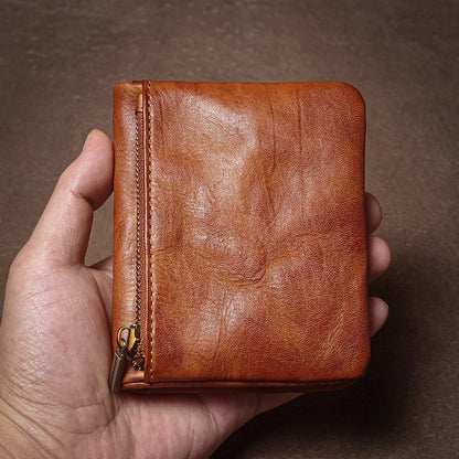 Vintage Genuine Leather Wallet For Men Women Zipper Coin Purse Driver License ID Card Holder Short Bifold Cowhide Purse