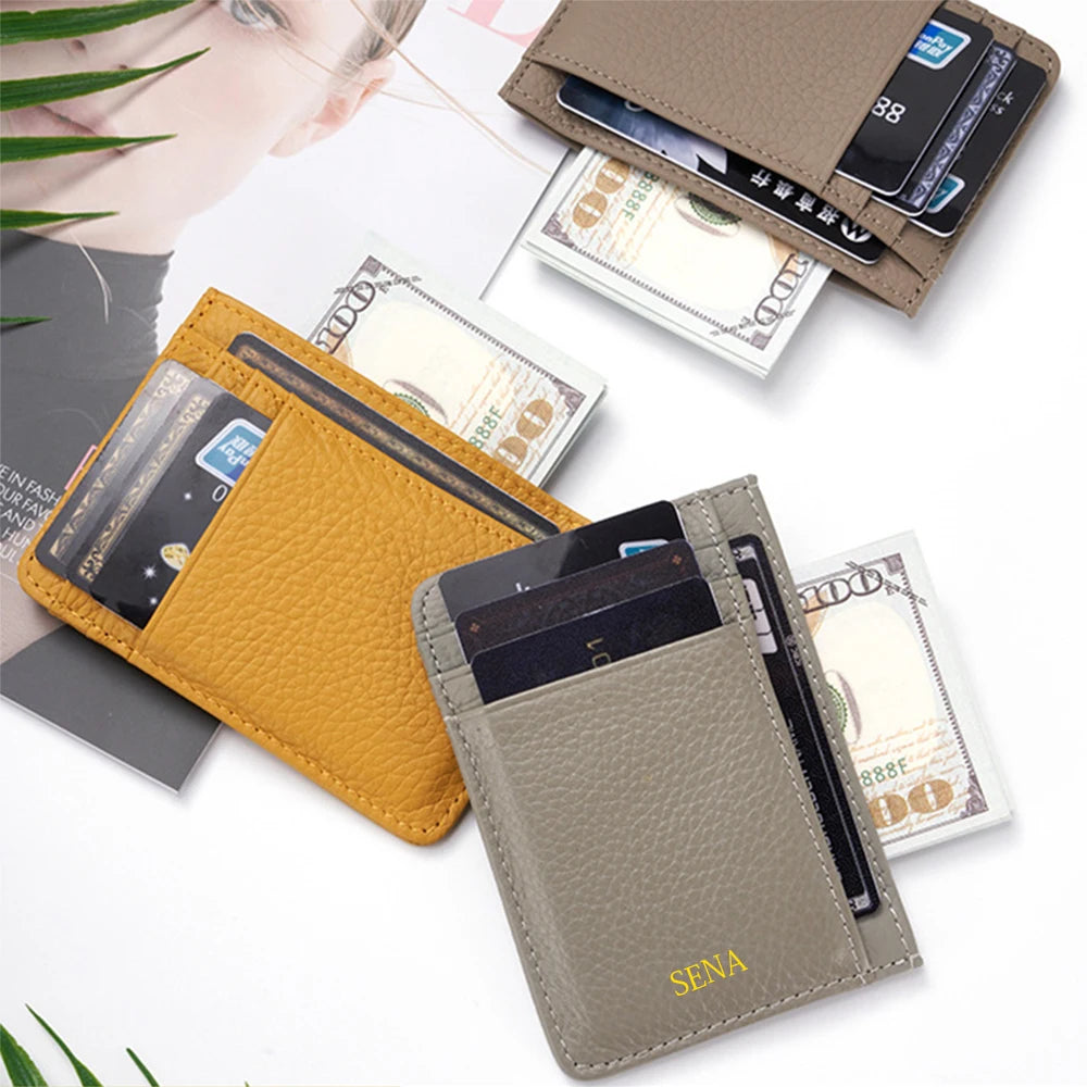 Porte-cartes en cuir de vachette avec logo personnalisé pour femme et homme, sac à cartes fin en cuir véritable, gravure du nom, portefeuille de luxe décontracté