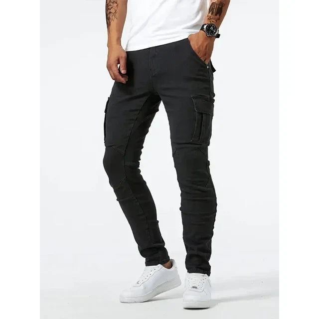 Street Elastic Jeans Men Denim Cargo Pants Wash Solid Color Multi Pockets Casual Mid Waist Trousers Slim Fit Daily Wear Joggers