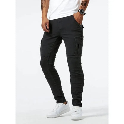 Street Elastic Jeans Men Denim Cargo Pants Wash Solid Color Multi Pockets Casual Mid Waist Trousers Slim Fit Daily Wear Joggers