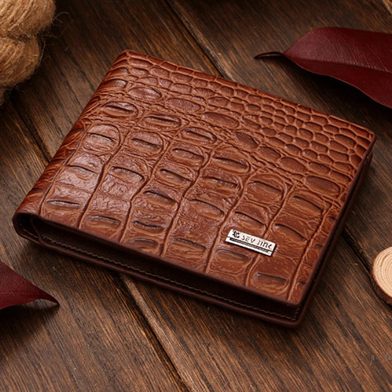 Men's Crocodile Pattern Genuine Leather Wallet - Small Bifold Clutch Purse with Secure Clamp