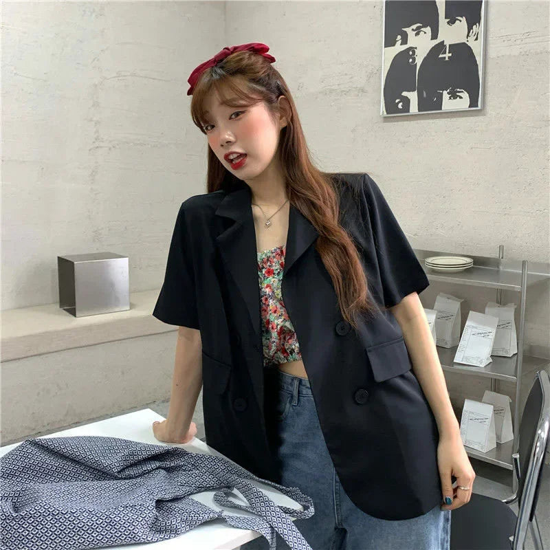 2025 Women's Summer Short-sleeved Jacket Casual All-match Loose Double-breasted Blazers Coat Woman Korean Chic White Blazer