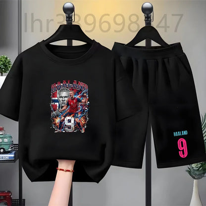 Summer Tees Football Famous General Print Set Suitable Children Short Sleeve Girls Boy Set Tshirt+Shorts 2pcs Kids Clothing