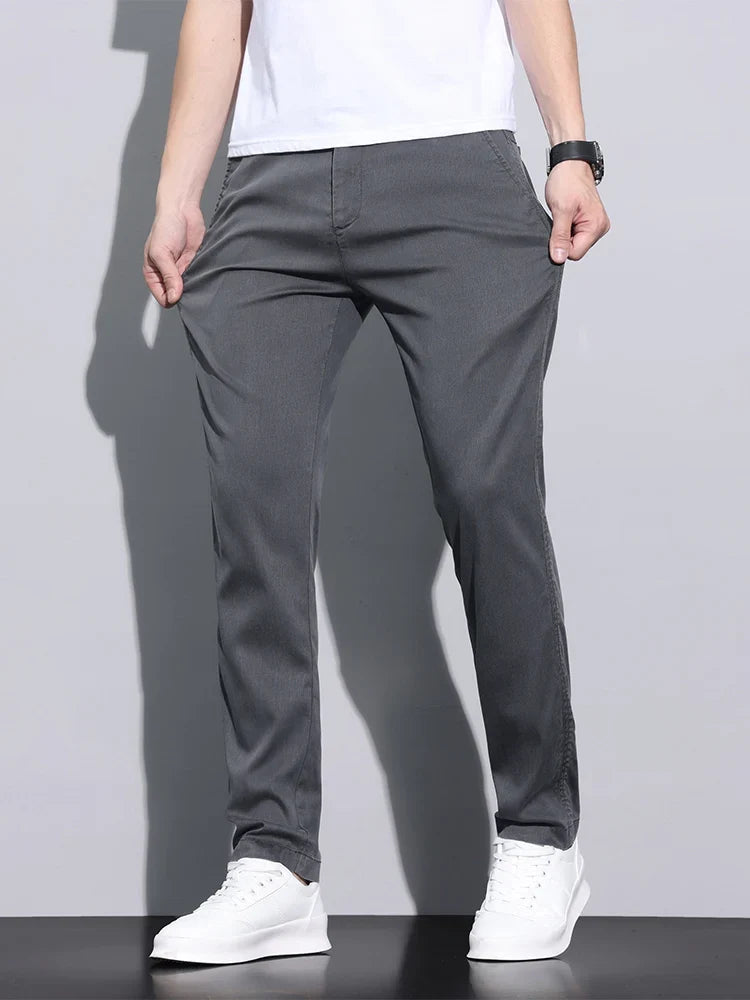 Fiber Fabric Summer Men's Casual Pants Fashion Thin Soft Breathable Elastic Business Slim Straight Trousers Black Gray