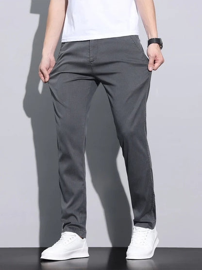 Fiber Fabric Summer Men's Casual Pants Fashion Thin Soft Breathable Elastic Business Slim Straight Trousers Black Gray
