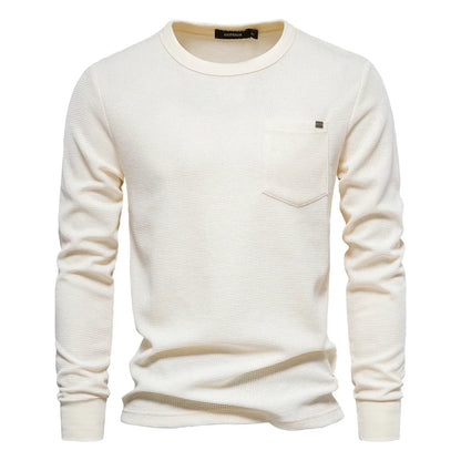 Men's Waffle Cotton Long Sleeve T-Shirt - Solid Color Single Pocket Design, Autumn Basic Breathable Top for Casual Outfits