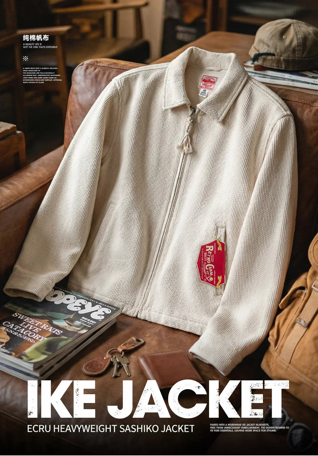 Men's Vintage White Jacket Heavyweight Cotton Turn-Down Collar Zip-Up Short Outwear Canvas Fitted Fit Spring Autumn Coat