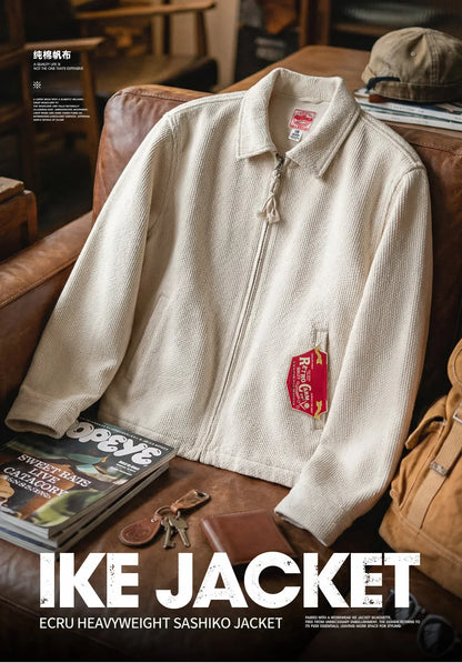 Men's Vintage White Jacket Heavyweight Cotton Turn-Down Collar Zip-Up Short Outwear Canvas Fitted Fit Spring Autumn Coat