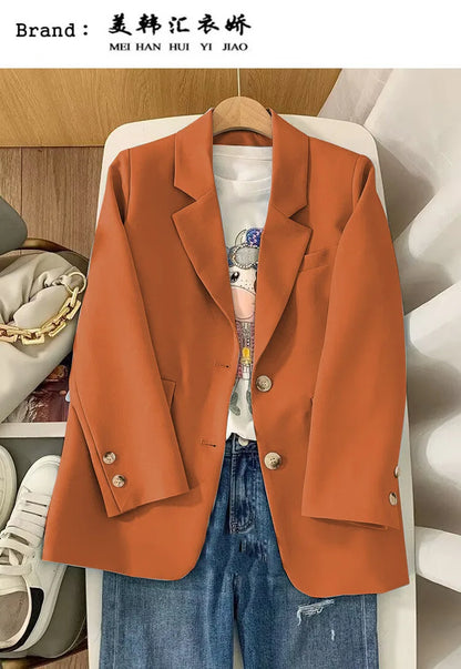 Elegant Orange Blazer for Women, Long Sleeve Jacket, Casual Slim Outerwear, Spring and Autumn Fashion, 2023