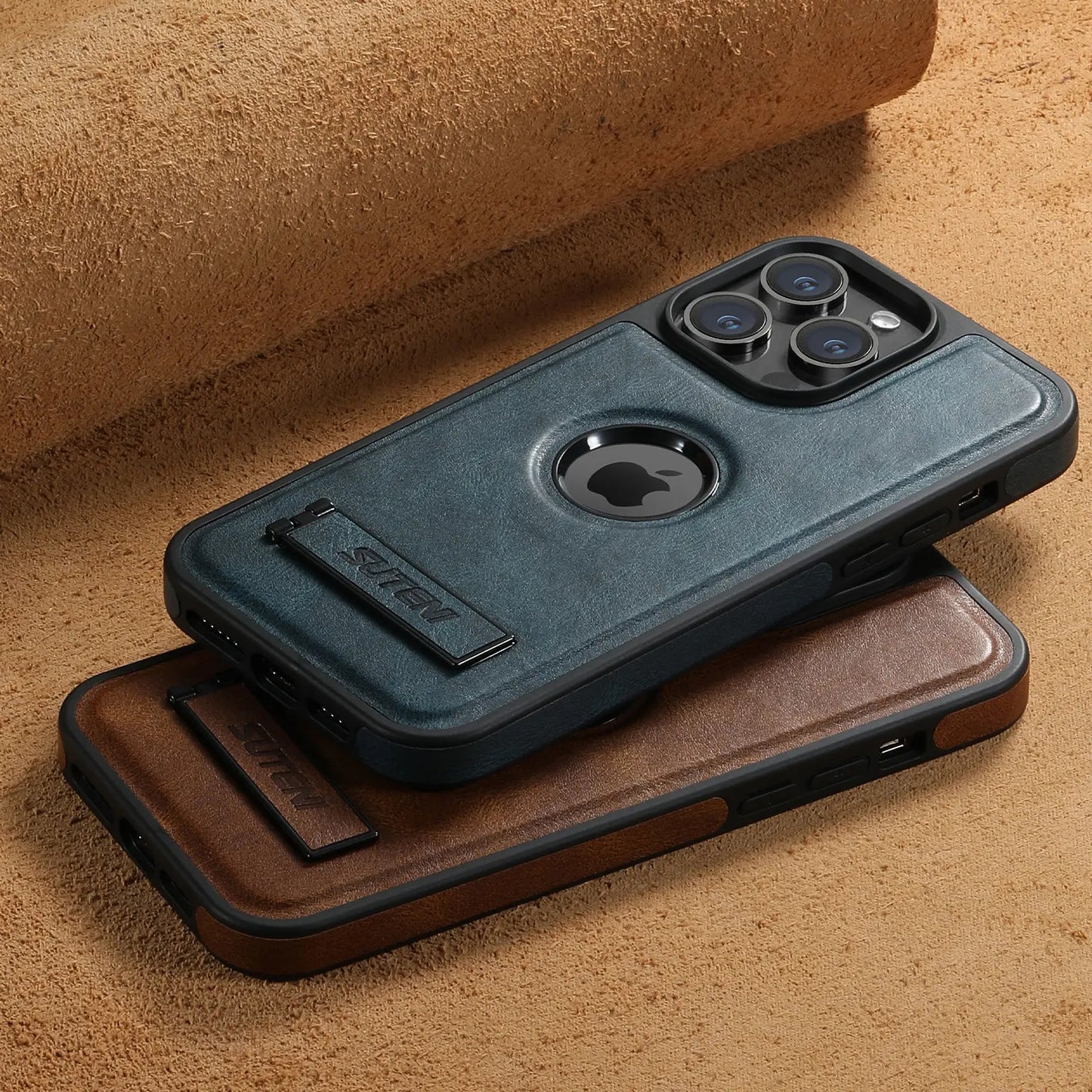 For iPhone 15 14 13 12 Pro Max Leather Case, [Compatible with Mag-safe] Built-in Invisible Stand Protective Slim Kickstand Cover