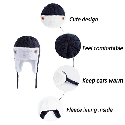Toddler Kids Baby Winter Knitted Bomber Hat Fleece Lined Warm Cute Beanie for Boys Girls