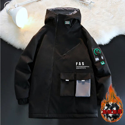 Zipper Jacket Men's Pilot Hooded Jacket Spring/Autumn Baseball Uniform Tide Card Loose Pullover Front Pocket Adding velvet Coat