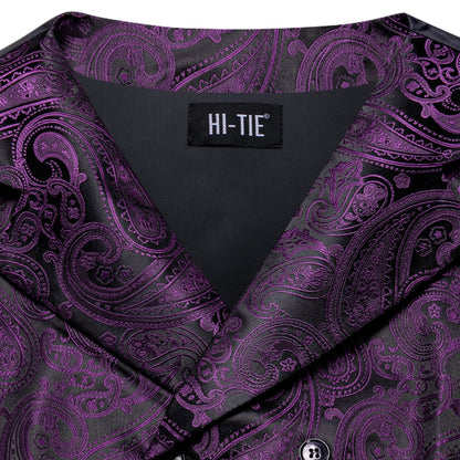 Dark Purple Men Vest Elegant Silk Paisley Jacquard Waistcoat Jacket NeckTie Hanky Cufflinks for Men Business Party Hi-Tie