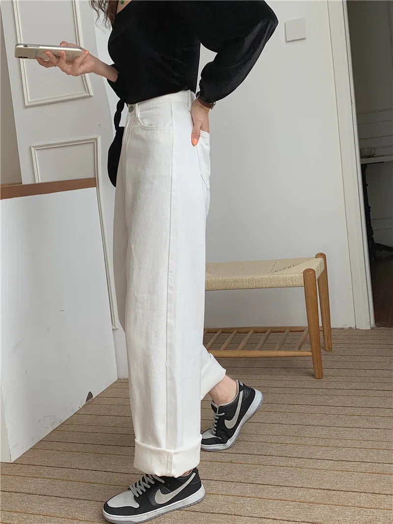 Korean Sle Simple Pure Color Wide Leg Jeans Pants for Women Summer Season Fall Collection Faion Ladies Premium Denim