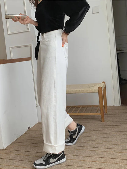 Korean Sle Simple Pure Color Wide Leg Jeans Pants for Women Summer Season Fall Collection Faion Ladies Premium Denim