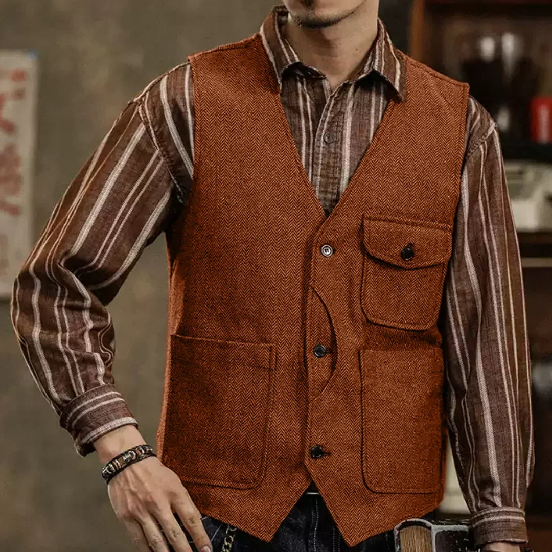 Men Vest Coffee Herringbone Single Button Pocket Waistcoat For Wedding Business Casual Formal Daily Office Work Men Suit Vest