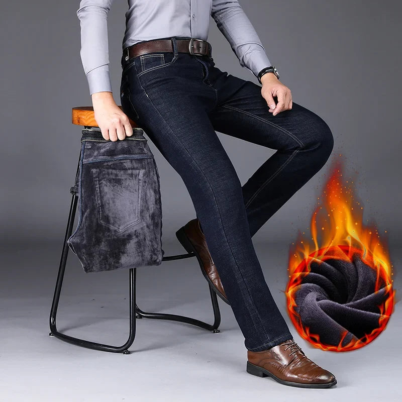 New Men's Fleece Warm Jeans Winter Thicken Plush Velvet Business Office Denim Trousers Brand Clothing Stretch Casual Male Pants