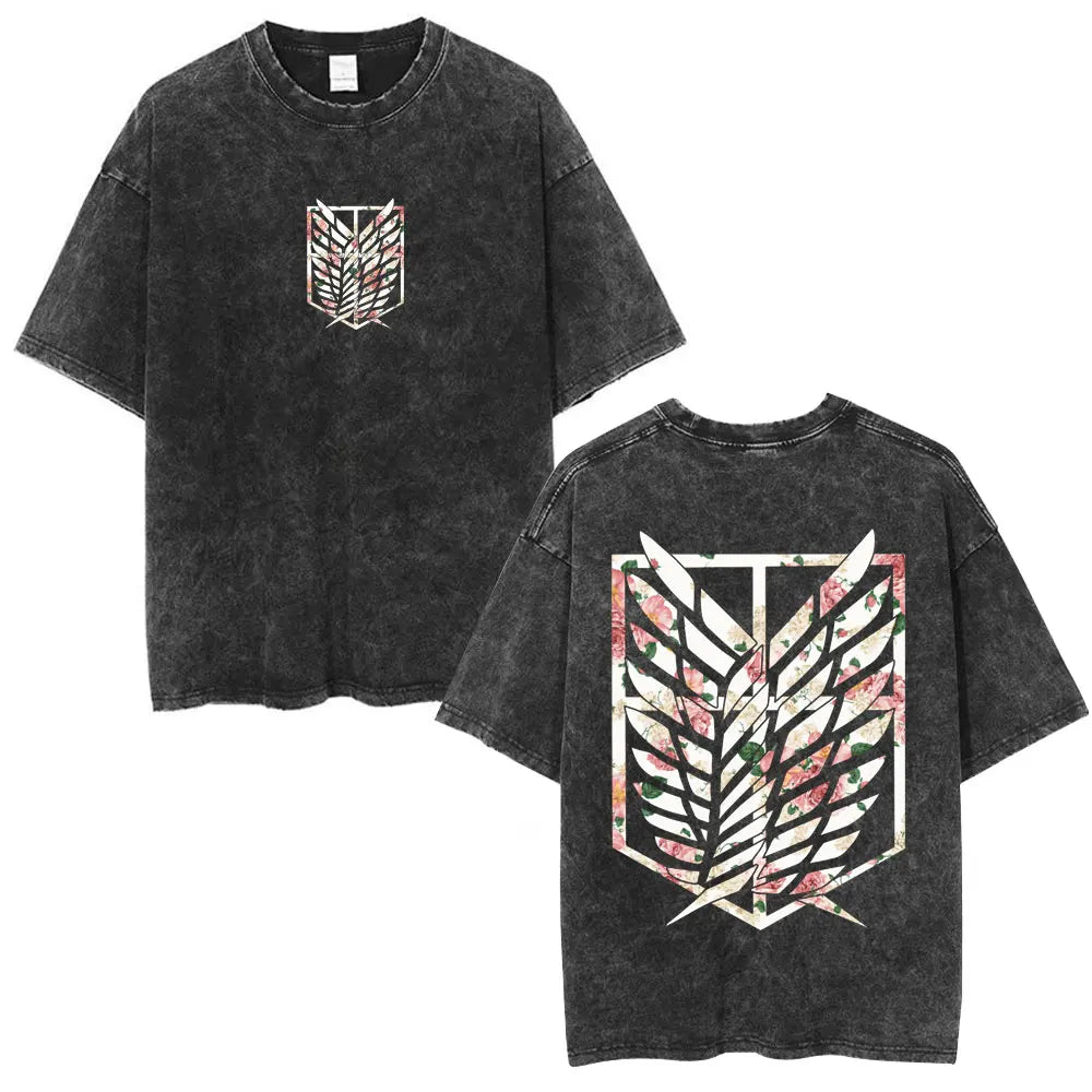 Anime Attack on Titan Washed T-Shirt Ackerman Mikasa Eren Jaeger Cherry Blossom Graphics Logo T Shirt Men Women Cotton T Shirts