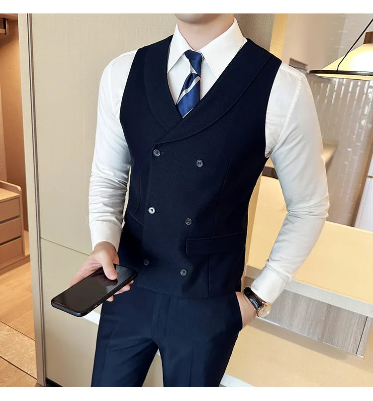( Vest + Pants) Men's Double-breasted Suit Vest 2 Pieces Set High Quality Business Casual Fashion Groom Wedding Dress Vest Sets