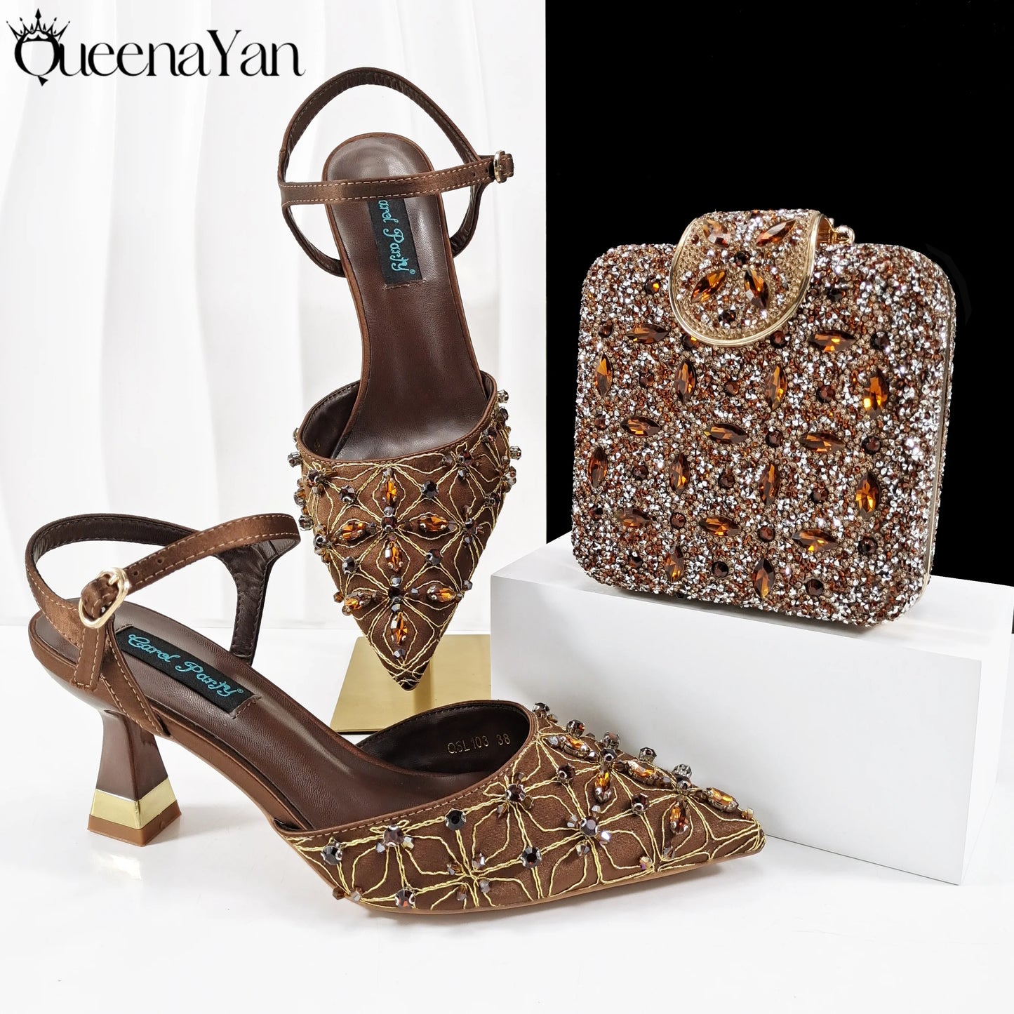 Elegant Full High Quality Diamond Design Olive Color Italian Women's Shoe and Handbag Set for Weddings and Special Occasions