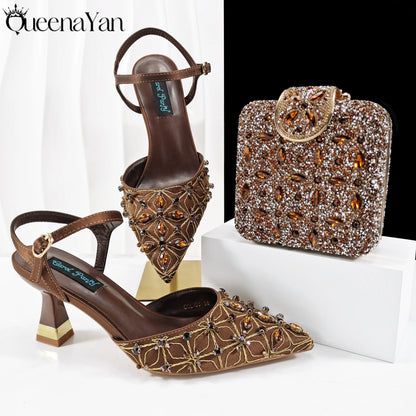 Elegant Full High Quality Diamond Design Olive Color Italian Women's Shoe and Handbag Set for Weddings and Special Occasions