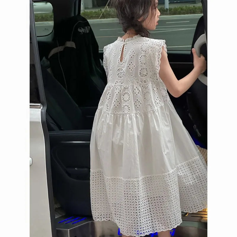 Cotton Medium To Large Children's Clothing Lace White Dress Girls' Princess Little Fresh Vest Dress 2025 Summer New Style