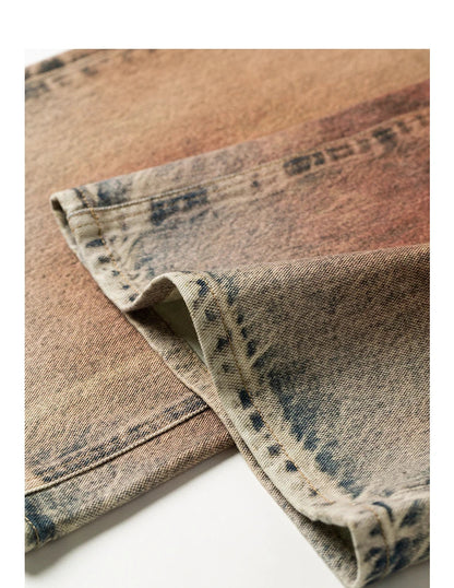 Women Jeans 2026 Spring New Wilderness Wasteland Style Mid Low Waist Loose Printed Wide Leg Pants