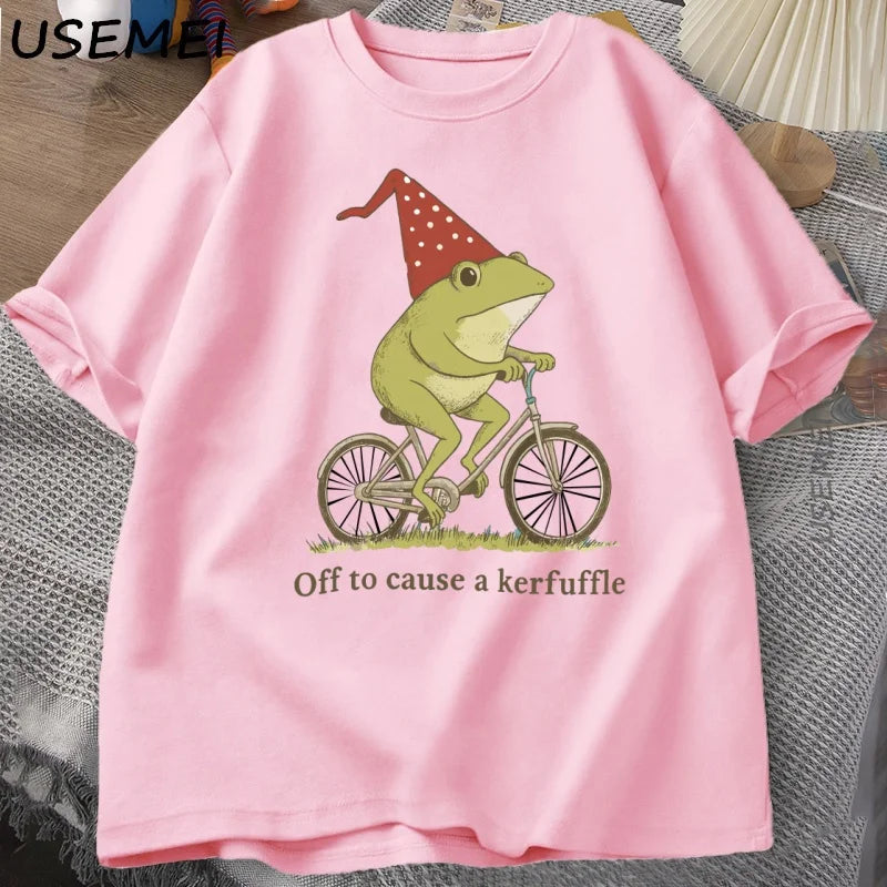 Off To Cause A Kerfuffle Frog T-Shirt Funny Weirdcore Sayings Unique Tshirt Adults Joker Men Women Graphic Tee Male Summer Tops