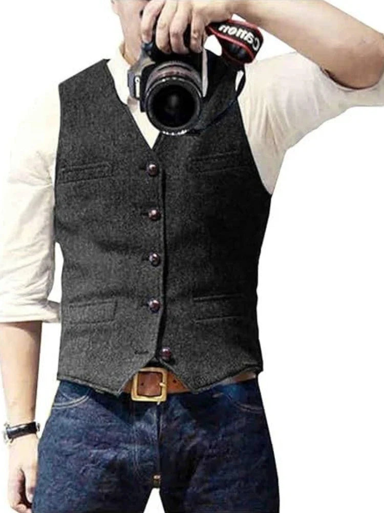 Men's Suit Vest Military Green Single Breasted Blended  Men Vest Denim Jeans Waistcoat Jacket Slim Fit Casual Formal Business