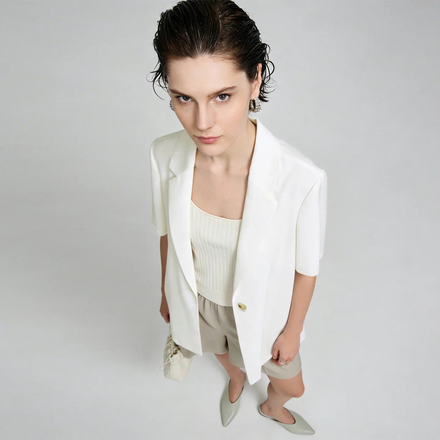 Women's Blazer 2026 Summer New Notched Lapel Chiffon Splicing Short Sleeve Jacket Women's Single Button Casual Top 12622126