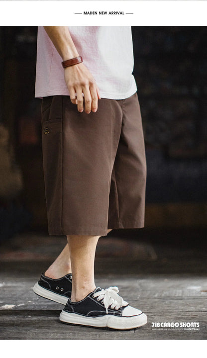 Men's 718 Summer Casual Shorts Japanese Style Solid Color Loose Fit Straight Leg Zipper Fly Commuter Workwear Pants