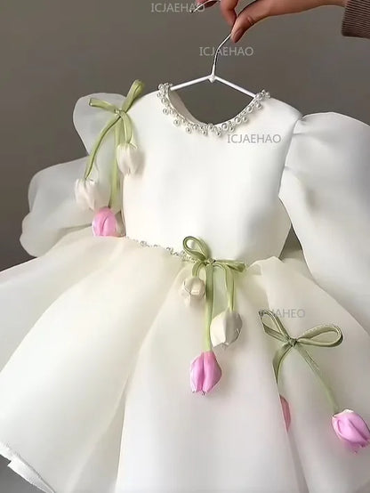 2026 New Children Girls Formal Dress Puff Sleeve Princess Gown Flower Girl Kids Floral Tulle Tutu Elegant Pageant Summer Costume