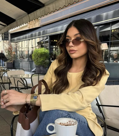 2025  women's new elegant fashion retro round neck cut waist slit long-sleeved casual suit jacket