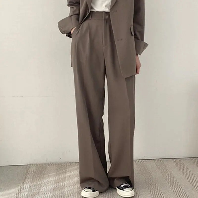 Casual Notch Lapel Suit Set with Button Thick Wide Leg Small Suit Pants High Waist Drape Polyester Business Lady Style Women