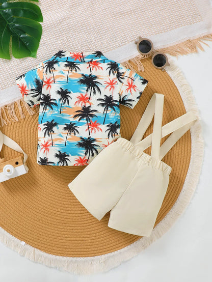 2-Piece Baby Boy Shorts Set Coconut Tree Pattern Short Sleeve And Overalls Summer Fashion Outfit for Infants