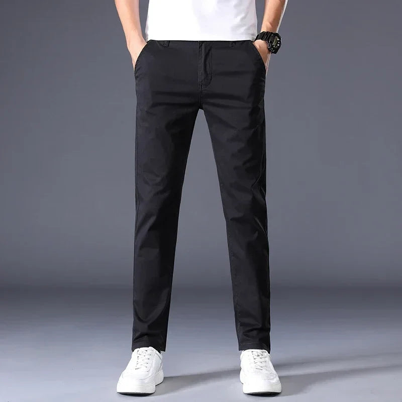 Summer Thin Men's Casual Pants Cotton 7 Colors Classic Style Elastic Straight Slim Fit Business Fashion Long Trousers Male