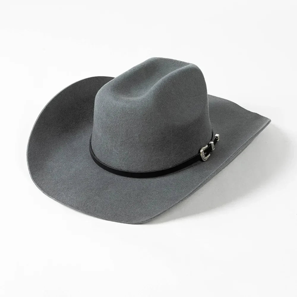 New Autumn Winter Women Fedoras with Belt Buckle Wide Brim Rolled Wool Cowboy Hat M L Size Obtainable